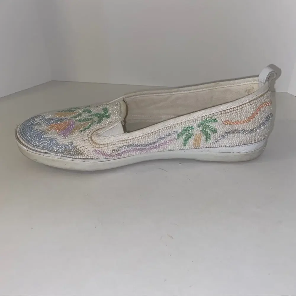 VINTAGE BEADZ beach vacation palm tree intricate beaded slip on loafters 7.5